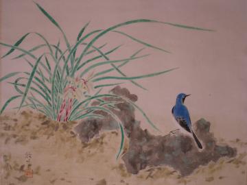 野生の蘭と青い鳥